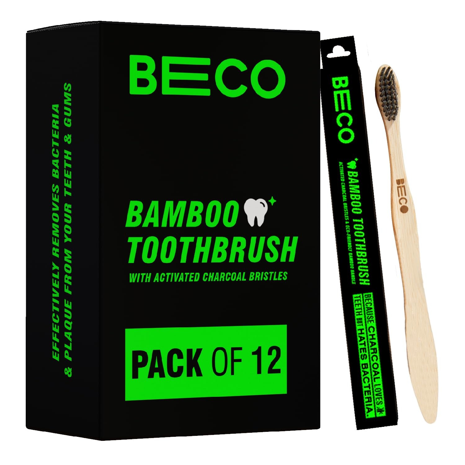 Beco Compostable Bamboo Toothbrush with Ultra-Soft Charcoal activated Bristles, 100% Natural & Eco-Friendly (Pack of 3)